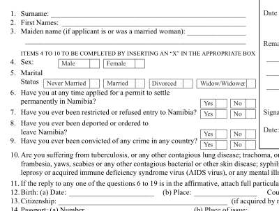 纳米比亚签证申请表材料模板